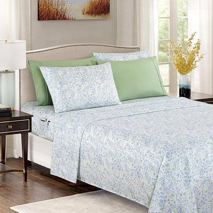 Elegant Comfort Softest and Coziest 6-Piece Sheet Set - 1500 Premium Hotel Quality Microfiber - Deep Pocket, Wrinkle Resistant 6-Piece Floral Bed Sheet Set, Full, Anita Green