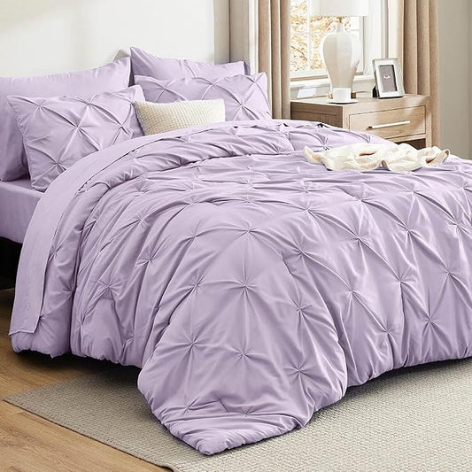 Bedsure California King Comforter Set Light Purple - Bed in a Bag Cal King Bedding Set 7 Pieces, GentleSoft™ Pintuck Bed Set Gift for Family, Pinch Pleat Comforter with Sheets, Pillowcases & Shams