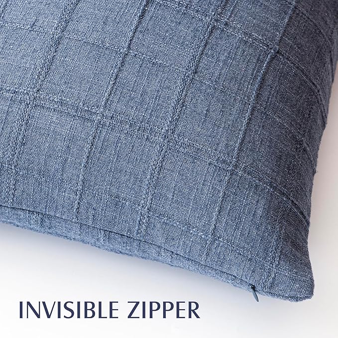 Foindtower Set of 2 Decorative Linen Check Throw Pillow Covers Neutral Farmhouse Lumbar Cushion Covers Modern Coastal Boho Home Decor for Sofa Chair Couch Bedroom Living Room,12×24 Inch,Blue