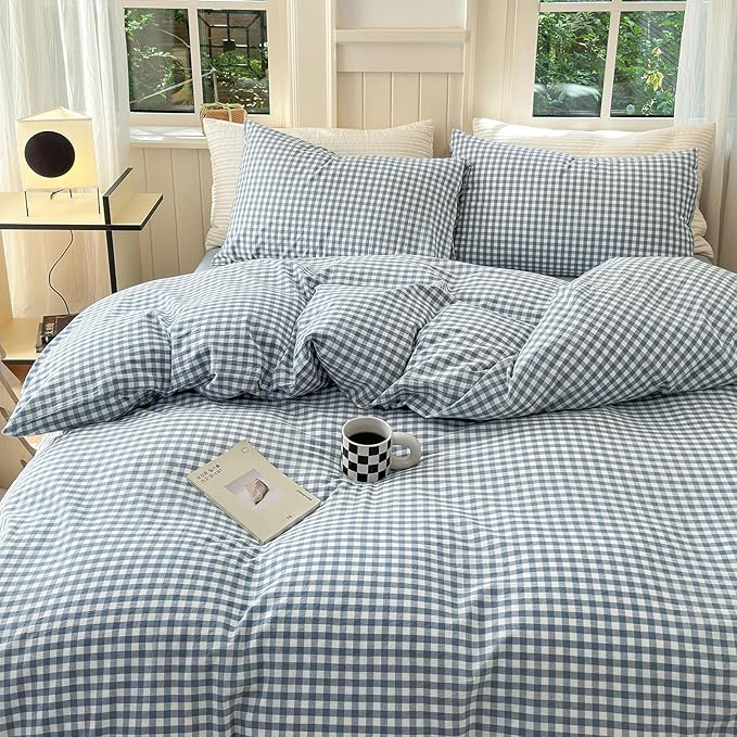 LifeTB Blue Gingham Duvet Cover Full Size Washed Cotton Blue Grid Comforter Cover 3 Pieces Plaid Duvet Cover with Zipper Closure Luxury Soft Gingham Plaid Bedding Cover Full with 2 Pillowcases