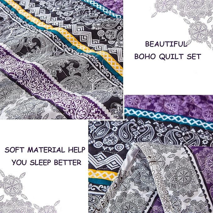 WONGS BEDDING Boho Quilt Set Queen Size, Purple Bohemian 3 Pieces Quilt Sets, Lightweight Bedspread Coverlet Bedding Set for All Season (96"x90")