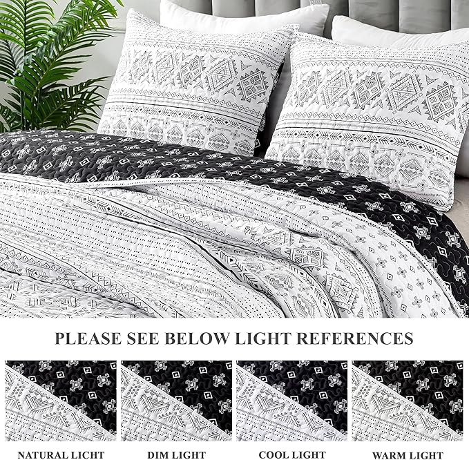 Andency Black White King Size Quilt Set, 3 Pieces Boho Lightweight Soft Striped Bedspread for All Season (106"x96"), Printed Bohemian Microfiber Reversible Coverlet Comforter Sets