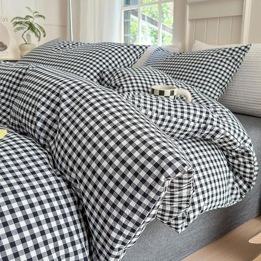 LifeTB Queen Comforter Set Black Gingham Comforter Modern Style Checkered Pattern Comforter Set Boho Grid Plaid Bedding Comforter Fluffy Soft Lightweight Grid Bedding Set Queen Size for All Season
