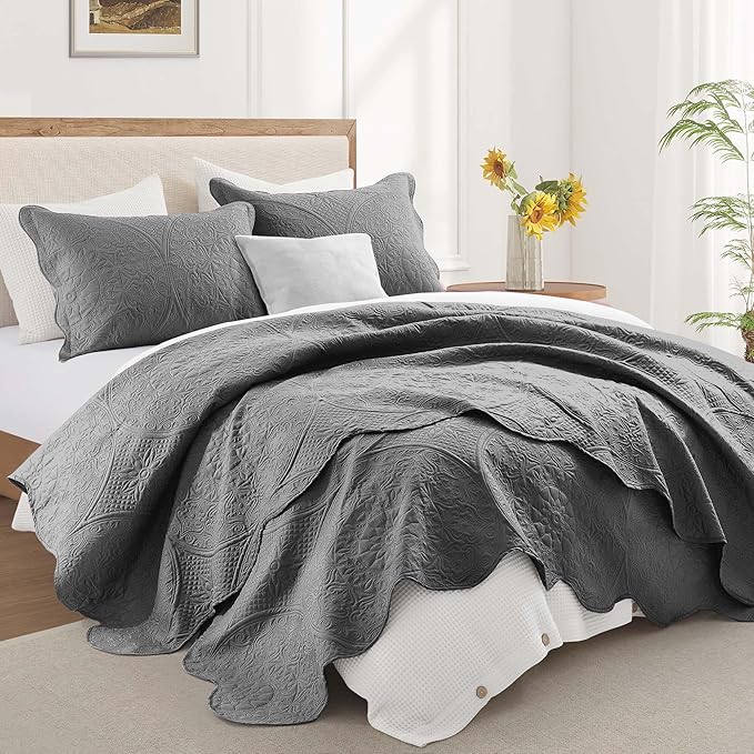 IR Imperial Rooms 8 Pack Quilt King Size Bedding (106" x 96") - Bulk Wholesale for Hotels, Guest Bedroom & Airbnbs - Lightweight Microfiber Reversible Floral Embossed Quilts Bedspreads (Grey)