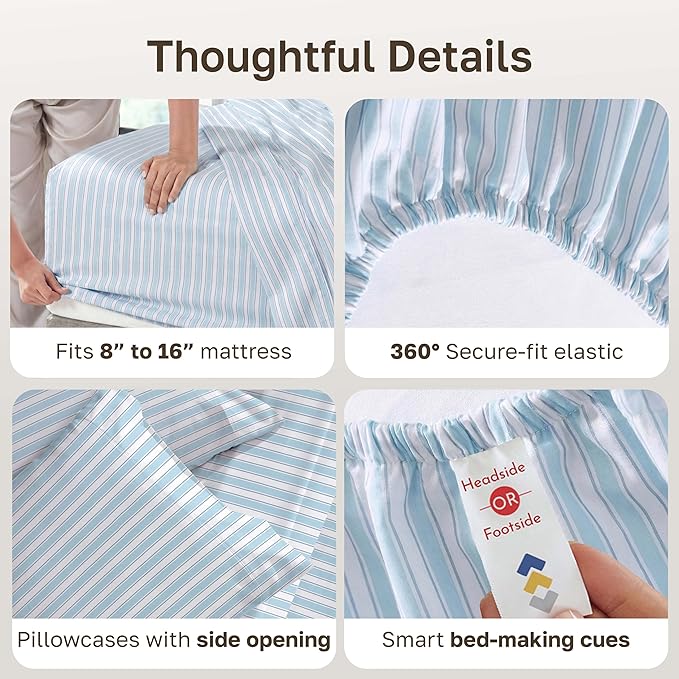 California Design Den California King Sheet Sets - 400 Thread Count Sateen, Natural 100% Cotton Sheets Set, Deep Pocket and Durable Bedding - Cape Stripe