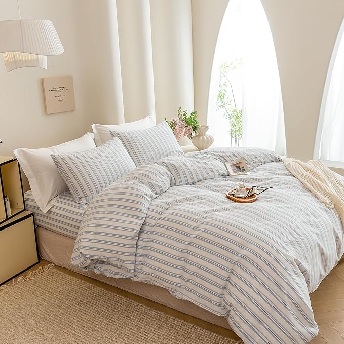 ECOCOTT Striped Duvet Cover Queen Size -100% Washed Cotton Linen Like Textured Breathable Durable Soft Comfy Bedding Set with Zipper Closure & Corner Ties