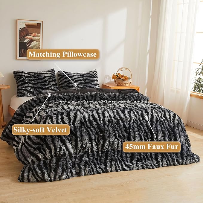 XeGe Zebra Print Fluffy Faux Fur Duvet Cover Set, 2 Pieces Soft Plush Shaggy Fuzzy Bedding Set(1 Farmhouse Striped Comforter Cover + 1 Furry Pillowcase), Zipper Closure(Twin, Black and Grey)