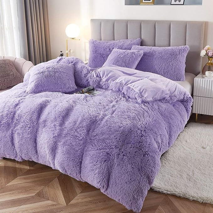 Uhamho Faux Fur Velvet Fluffy Bedding Duvet Cover Set Down Comforter Quilt Cover with Pillow Shams, Ultra Soft Warm (Lilac, Queen)
