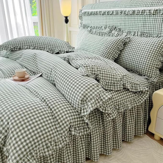 LifeTB Queen Comforter Set Green Gingham Comforter Vintage Ruffle Checkered Pattern Comforter Set Chic Grid Plaid Bedding Comforter Lightweight Fluffy Soft Gingham Bedding Set Queen Breathable