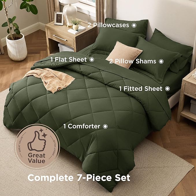 Bedsure 7 Pieces Full Comforter Set Premium Series, Hotel Luxury Soft Bed in a Bag, Goose Down Alternative, Safe for Sensitive Skin Bedding Comforter All Season Medium Warmth, Olive Green Full Size