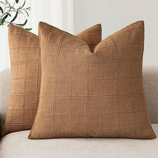 Foindtower Set of 2 Decorative Linen Check Throw Pillow Covers Neutral Farmhouse Vintage Cushion Covers Modern Boho Home Decor for Sofa Chair Couch Bedroom Living Room,22×22 Inch,Brick