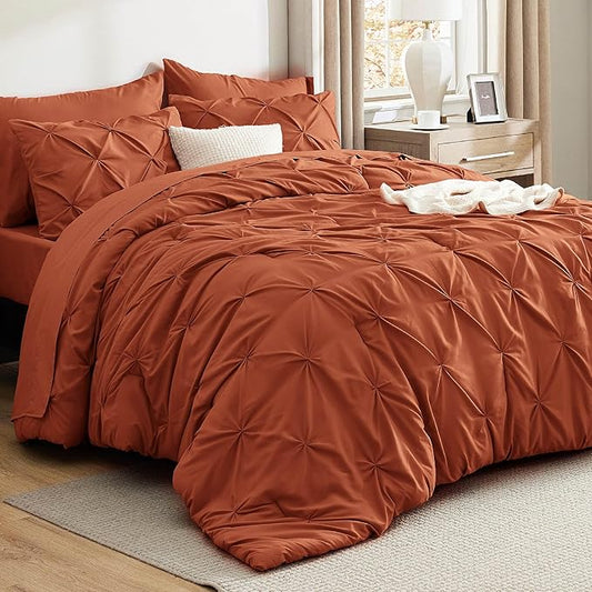 Bedsure California King Comforter Set Burnt Orange - Bed in a Bag Cal King Bedding Set 7 Pieces, GentleSoft™ Pintuck Bed Set Gift for Family, Pinch Pleat Comforter with Sheets, Pillowcases & Shams