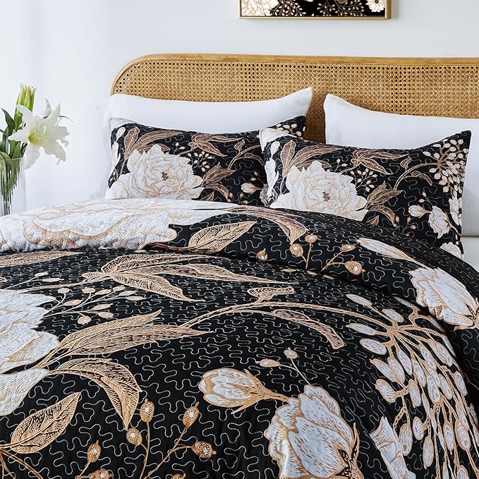 Yogeneg Full Queen Size Quilt Set,White Gold Floral Botanical Pattern Black Bedding Set,3 Piece Lightweight Soft Summer Bedspread Coverlet with 2 PIillow Sham for All Season(Black Floral,90"x96")