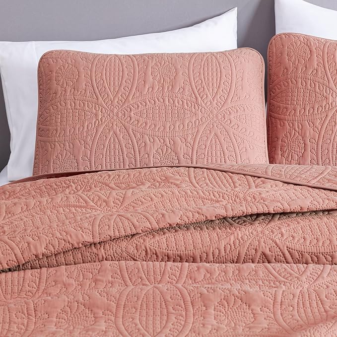Chezmoi Collection Austin 3-Piece Oversized Bedspread Coverlet Set (Queen, Salmon)