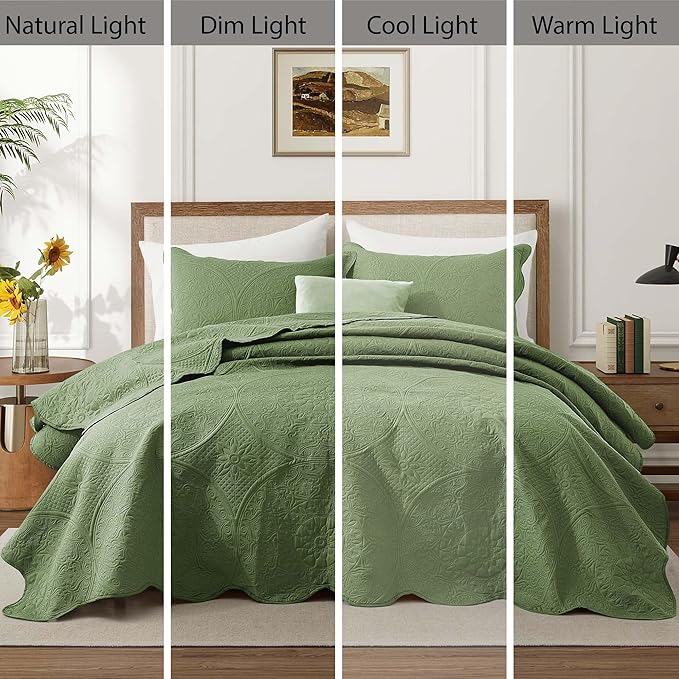 MOONLIGHT20015 10 Pack Twin Quilt Bedding Set (68" x 86") - Bulk Wholesale for Hotels, Guest Bedroom & Airbnbs - Lightweight Microfiber Reversible Floral Embossed Quilts Bedspreads (Olive Green)