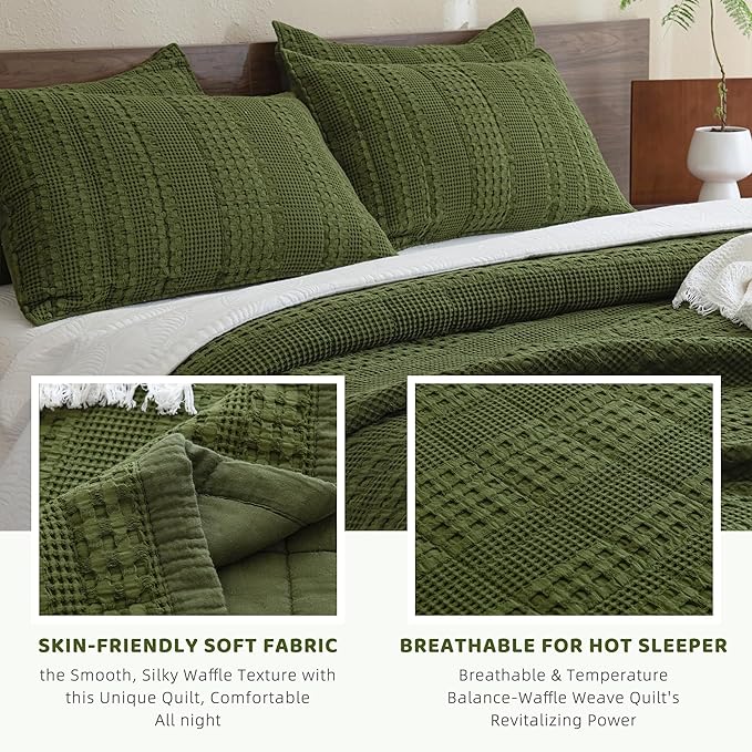Sanracie Cotton Waffle Weave Quilt Set King Size(110"x98")-Olive Green Quilted Bedspread Sets,3Pcs Soft Boho King Quilt Bedding Set, Farmhouse Shabby Vintage Chic Bedding Quilt