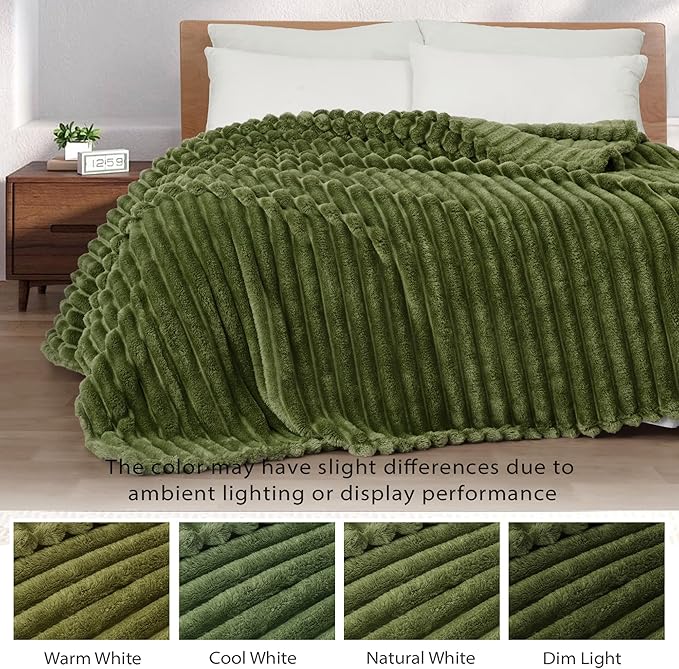 Exclusivo Mezcla Twin Size Flannel Fleece Blanket, Super Soft Striped Jacquard Bed Blanket, Lightweight Fuzzy Cozy for All Seasons, 60x80 Inches, Olive Green