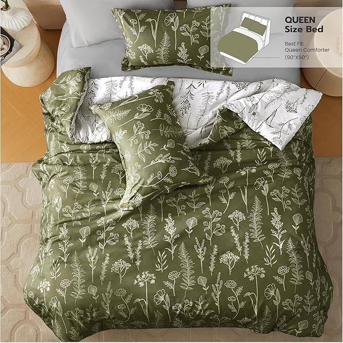 Joiedomi King Size Comforter Set Olive Green, 3 Pieces Floral King Bedding Set with 1 Soft Reversible Botanical Comforter and 2 Pillow Shams, Bed in a Bag for All Seasons