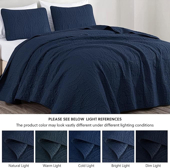 Chezmoi Collection Austin 3-Piece Oversized Bedspread Coverlet Set (King, Navy)