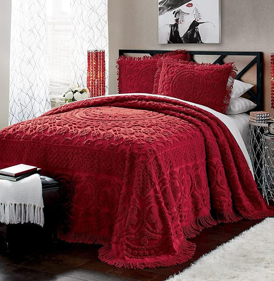 Montgomery Ward Emily Floral Chenille Bedspread, Soft Cotton Comforter, King Size Quilt in Red - Luxury Hotel Bedding, King Bedspread (Red, King)