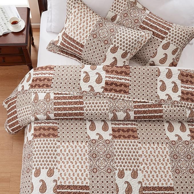LEAONME Quilt Set King Size 3 Piece Bedspread Coverlet Lightweight Comforter Microfiber Reversible Bedding Set for All Season Oversized 98x106 Inch Bed Cover Paisley Brown (1 Quilt, 2 Pillow Shams)
