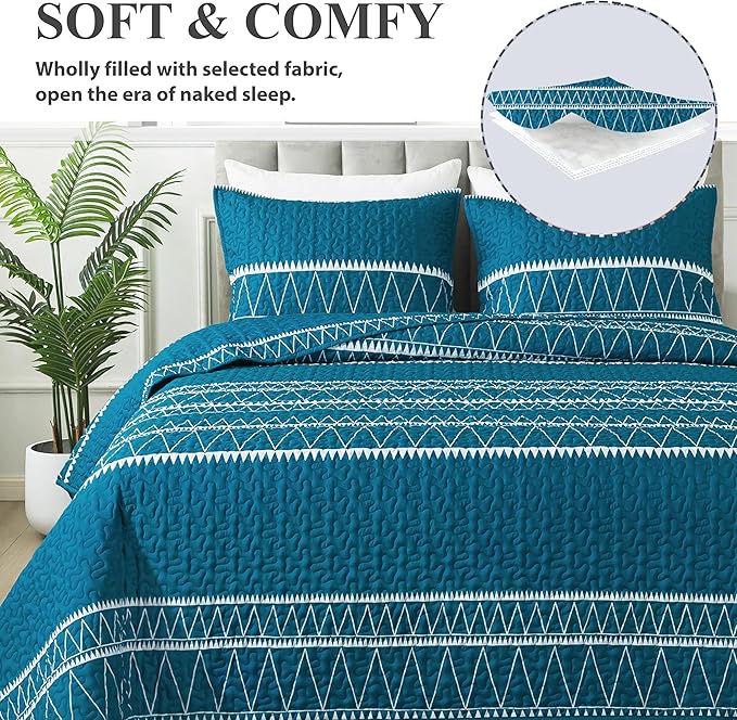 Andency Teal Twin Quilt Set, 2 Pieces Boho Lightweight Soft Striped Bedspread for All Season (68"x86"), Printed Bohemian Microfiber Reversible Coverlet Comoforter Sets