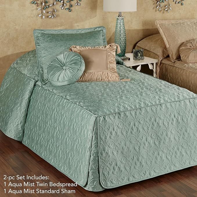 Cambridge Classic Luxury Bedding | Cool Aqua Mist Solid Color Polyester Satin | Elaborate Damask Quilting | 2 Piece Bed Set Includes Twin Bedspread and Standard Pillow Sham | Also Fits Twin XL Beds