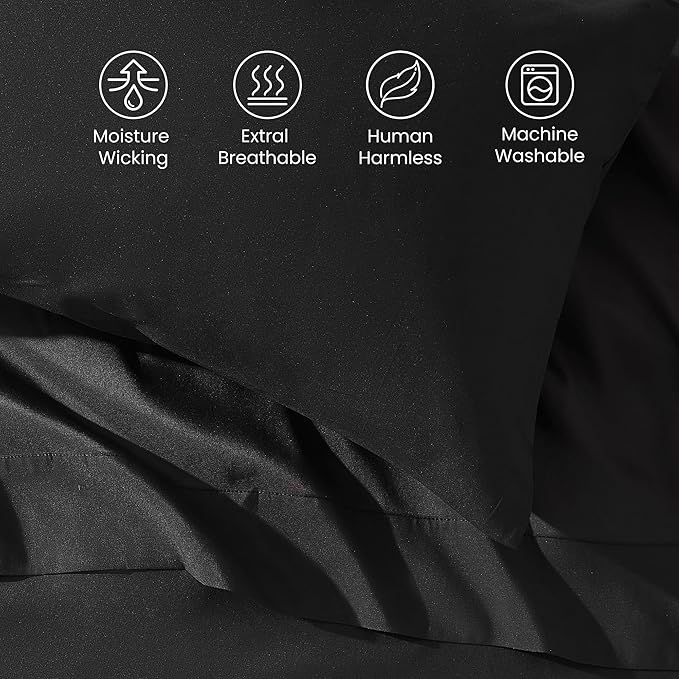SLEEP ZONE Nanotex Super Soft Cooling Kids Bed Sheets Set Twin XL 3 Piece - Easy Care Fitted Flat Sheet & Pillowcase Sets - Wrinkle Free, Fade Resistant, Deep Pocket 16" (Black, Twin XL)