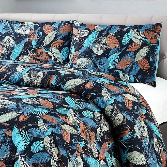 Style Quarters Queen Size Duvet Cover-Leaves Pattern Queen Duvet Cover Set 3PCS Soft Bedding Set Includes 1 Duvet Cover and 2 Pillow Shams 100% Washed Microfiber Duvet Cover with Zipper & Ties