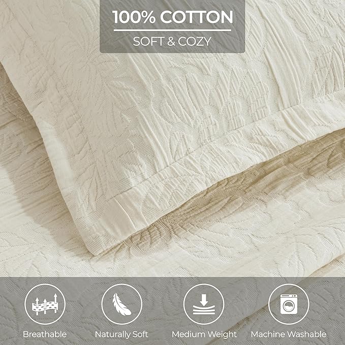 Superior 3 Piece Cotton Bedspread Set, Home Bed Decor, Decorative Bed Spread, 2 Pillow Shams, Medium Weight Blanket, Matelasse Coverlet, Bedding Essentials, Hibiscus Collection, Full, Ivory