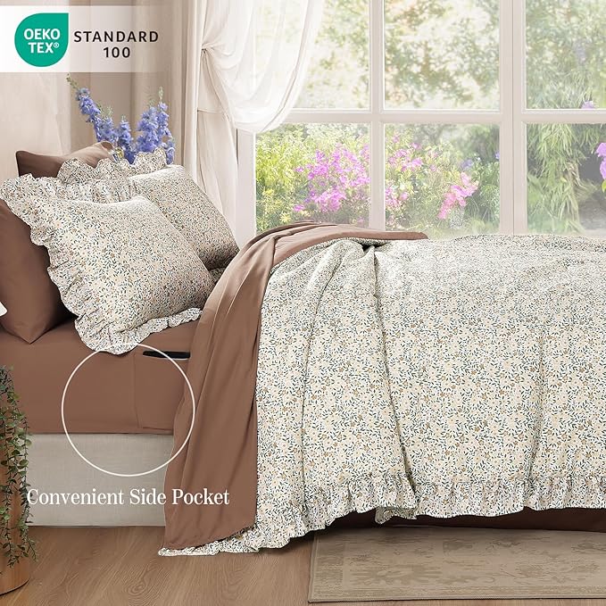Twin XL Comforter Set - 5 Pieces Ruffle Beige Ditzy Bedding Sets, Shabby Chic Farmhouse Bed in a Bag Twin XL with Floral Comforter, Sheets, Pillowcase & Sham