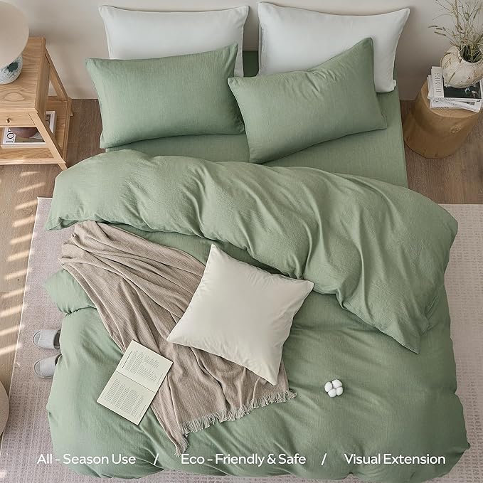 JELLYMONI Washed Cotton Duvet Cover Set King Size, Sage Green - Super Soft & Breathable Bedding Comforter Cover with Zipper, for Modern Home, Guest Room, and Everyday Use,1 Duvet Cover & 2 Pillowcases