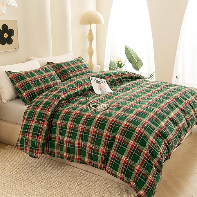 ECOCOTT Buffalo Plaid Duvet Cover Queen Size– 3 Piece Green Checkered Bedding Set, 100% Washed Cotton, Soft Breathable Reversible Design with Zipper Closure & Corner Ties
