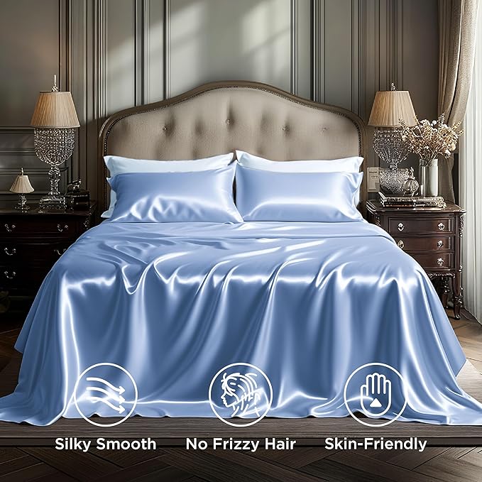Bedsure Satin Sheets King Size - 4 Piece Silky Bedsheets with 15 Inches Deep Pocket Fitted Bedsheet,1 Flat Sheet, 2 Satin Pillowcases, Good for Hair & Skin (King, Sky Blue)