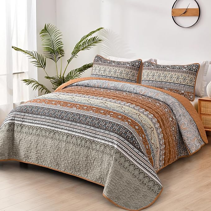 WONGS BEDDING Boho King Quilt Set, Brown and Grey Bohemian Quilt Bedding Set, Fall Lightweight Bed Decor Bedspread for All Season Reversible Microfiber Coverlet Bedding Set 103"x90"(3 Pieces)