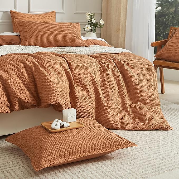 SE SOFTEXLY Waffle Duvet Cover Queen, 100% Cotton Waffle Weave Bedding Duvet Cover Set, Soft and Breathable Comforter Cover for All Season, 3 Pieces Including Pillow Shams（Terra Cotta, 90”x90”）