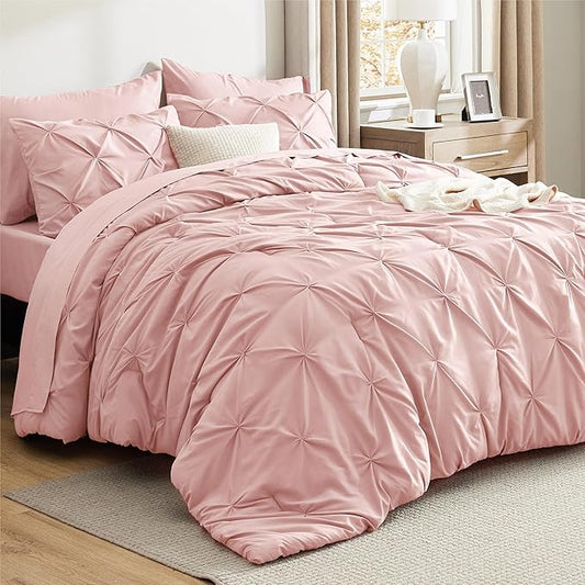 Bedsure California King Comforter Set Pink - Bed in a Bag Cal King Bedding Set 7 Pieces, GentleSoft™ Pintuck Bed Set Gift for Family, Pinch Pleat Pink Comforter with Sheets, Pillowcases & Shams