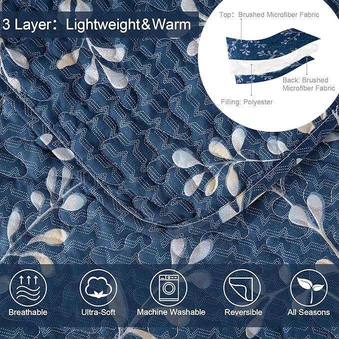 Exclusivo Mezcla Reversible Boho Quilts Queen Size, Navy Bedspreads Lightweight Coverlet All Season Flowers Quilt Bedding Set with Printed Floral Pattern (1 Quilt, 2 Pillow Shams)