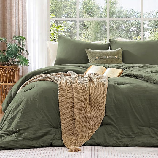 WRENSONGE Super King Plus Comforter Set - 3 Pieces Prewashed Olive Green Comforter Soft Lightweight for All Seasons,Down Alternative Comforters Super King Plus Size with 2 Pillow Shams