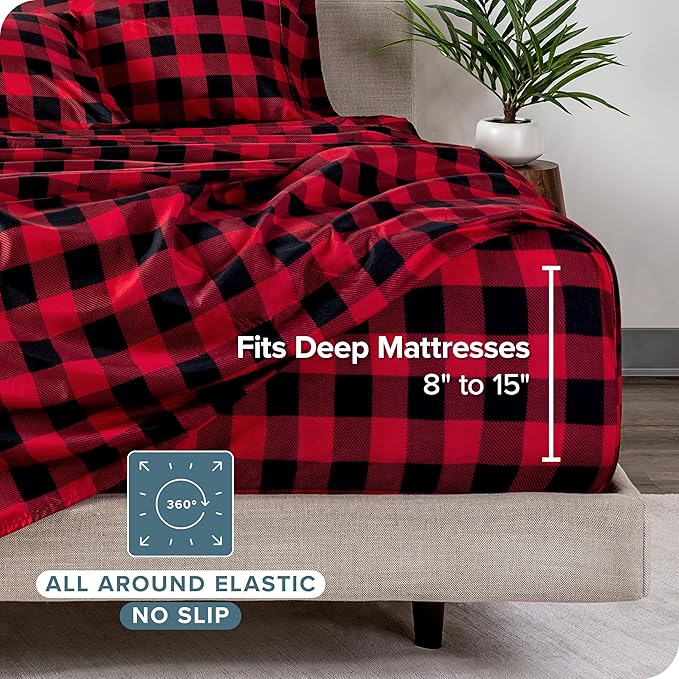 Bare Home Queen Sheet Set - Luxury 1800 Ultra-Soft Microfiber Queen Bed Sheets - Double Brushed - Deep Pockets - 4 Piece Set - Bedding Sheets & Pillowcases (Queen, Buffalo Plaid - Red/Black)