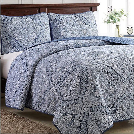 Mellanni Twin Bedspread Coverlet Set - Bedding Cover with Sham - Ultrasonic Quilting Technology - 2 Piece Oversized Quilt Set - Bedspreads & Coverlets (Twin, Medallion Blue)