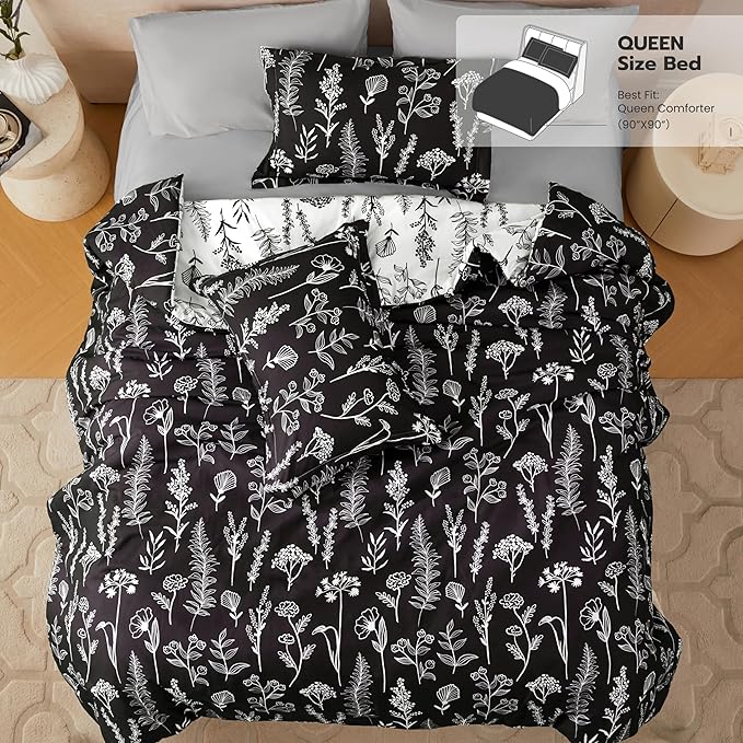 Joiedomi California King Comforter Set Black, 3 Pieces Floral California King Bedding Set with 1 Soft Reversible Botanical Comforter and 2 Pillow Shams, Bed in a Bag for All Seasons