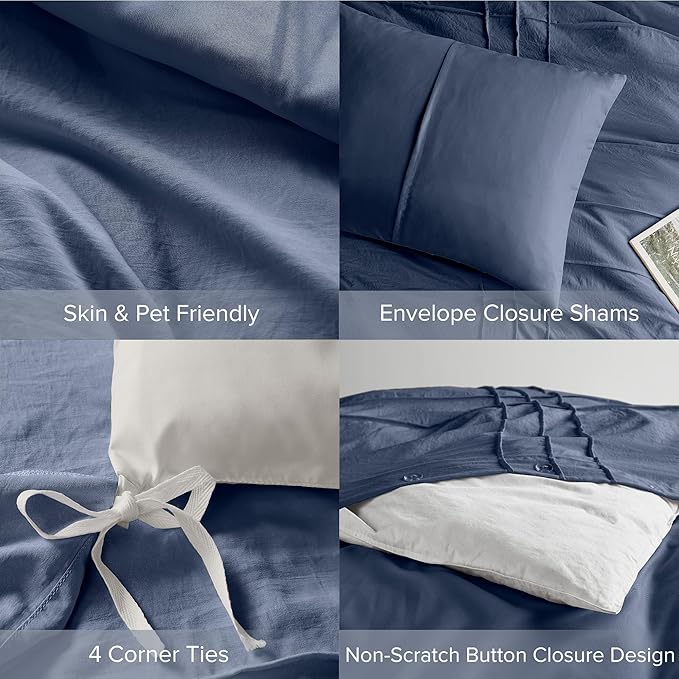 Comfort Spaces Navy Full Size Duvet Cover Set - 3-pc Pintuck Pleated Duvet Cover, All Season Lightweight, Extra Softness Pre-Washed Microfiber Full Bed Cover Shams, Full