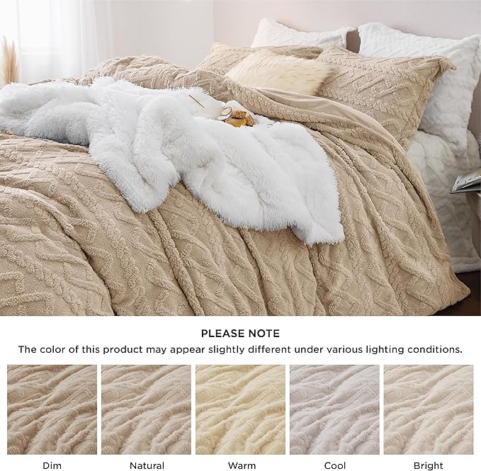 Bedsure Fluffy Flannel Duvet Cover Set - Faux Fur Comforter Cover Queen Size, Deep Beige Warm Plush Bedding for Winter, 3-Piece Set with Zipper Closure (90"x90") and 2 Pillow Shams