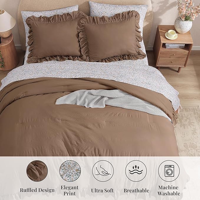 California King Comforter Set - 7 Pieces Ruffle Amber Brown Bedding Sets, Shabby Chic Farmhouse Bed in a Bag with Ruffle Comforter, Floral Sheets, Pillowcases & Shams