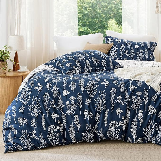 Bedsure Queen Comforter Set - Navy Bed Set, 3 Pieces Cute Floral Bedding, 1 Soft Reversible Botanical Flowers Comforter and 2 Pillow Shams
