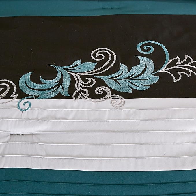 Chezmoi Collection Napa 7-Piece Luxury Leaves Scroll Embroidery Bedding Comforter Set (Oversized King, Teal/Black/Gray)