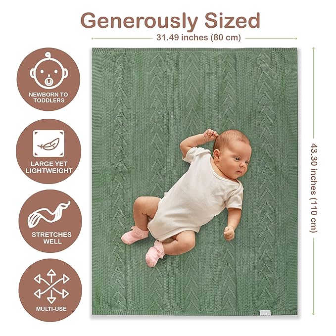 Organic Cotton Knit Baby Blanket 31.5 X 43.3 Inches Soft Knitted and Breathable Baby Blanket for Boys and Girls Perfect Swaddle Baby Blankets for Boys & Girls, Infants Toddlers All Seasons