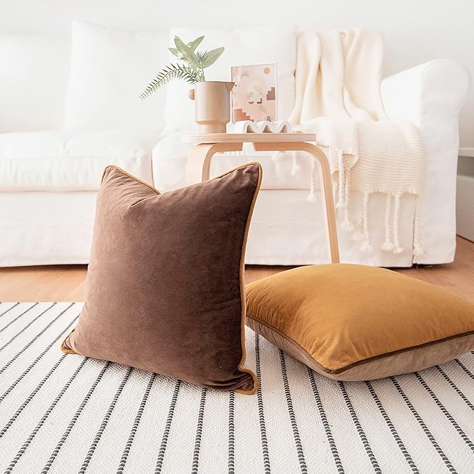 MONDAY MOOSE Decorative Throw Pillow Covers Cushion Cases, Set of 2 Soft Velvet Modern Double-Sided Designs, Mix and Match for Home Decor, Pillow Inserts Not Included (18x18 inch, Brown/Beige)