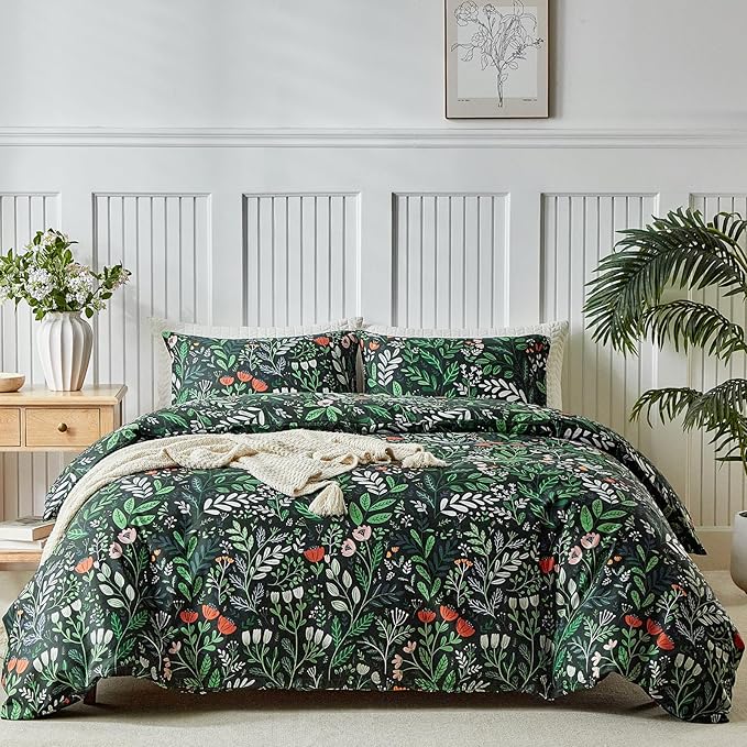 Lekesky Queen Size Reversible Duvet Cover, Duvet Cover Queen Size 3 Piece Romantic Garden Microfiber Botanical Bedding Set with Zipper Closure Corner Ties